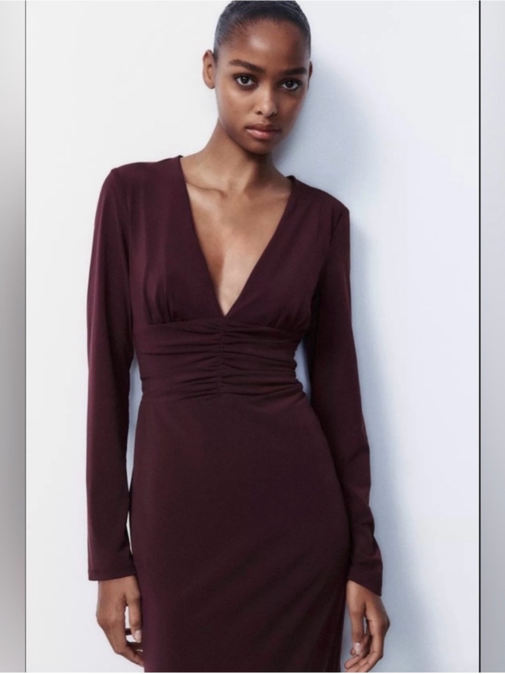 Zara Long-Sleeve V-Neck Ruched Waist Dress in Deep Wine